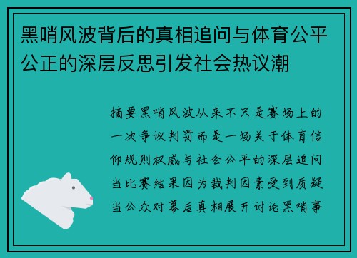 黑哨风波背后的真相追问与体育公平公正的深层反思引发社会热议潮